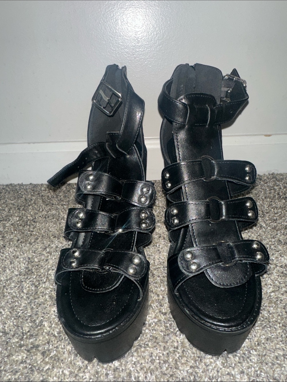 Studded Black Platform Strappy Heels